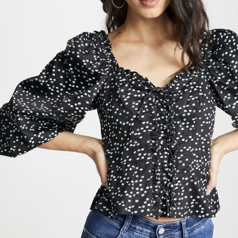 Parker Ivonne Blouse Mint Confetti Print Poplin Black Women’s XXS Preppy Boho